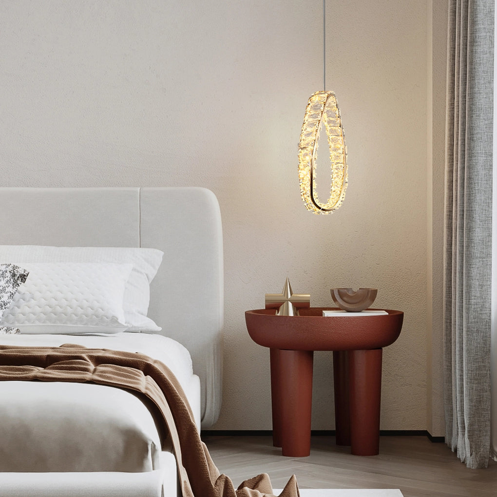 Luxury Crystal Ring LED Pendant Lamp Modern Circle Chandelier with Adjustable Cord and 3 Color Dimming