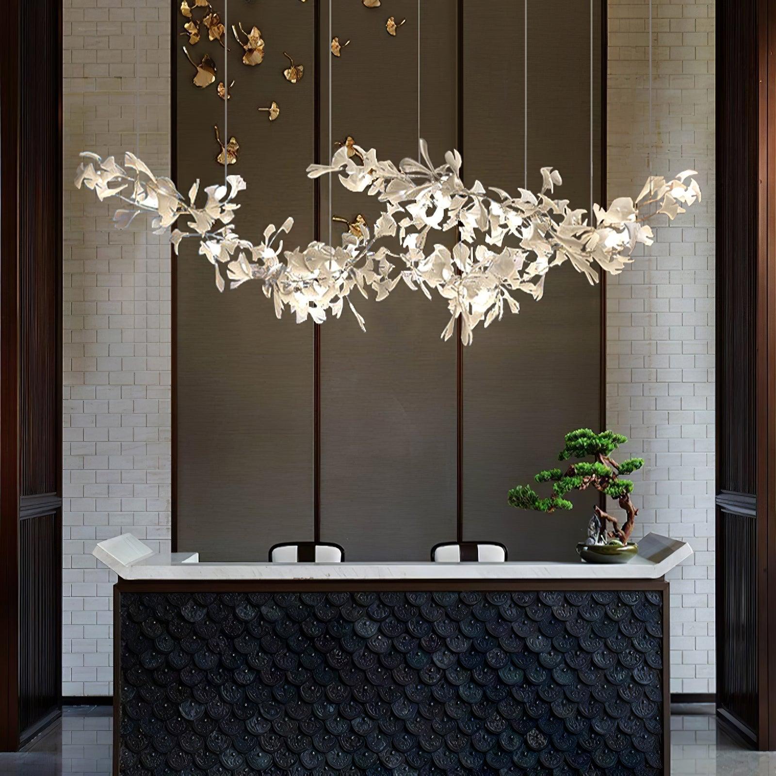 Luxury Double Layer Gingko Leaf Ceramic Crown Chandelier for Large Dining and Living Spaces