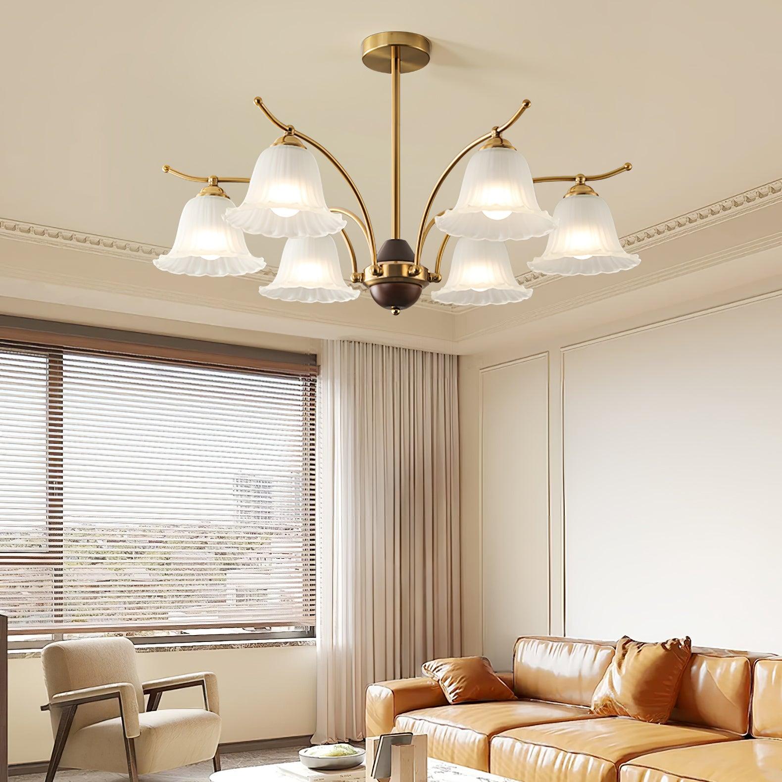 Luxury Flora Brass Chandelier with Elegant Frosted Glass Flower Petal Shades