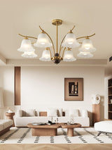 Luxury Flora Brass Chandelier with Elegant Frosted Glass Flower Petal Shades