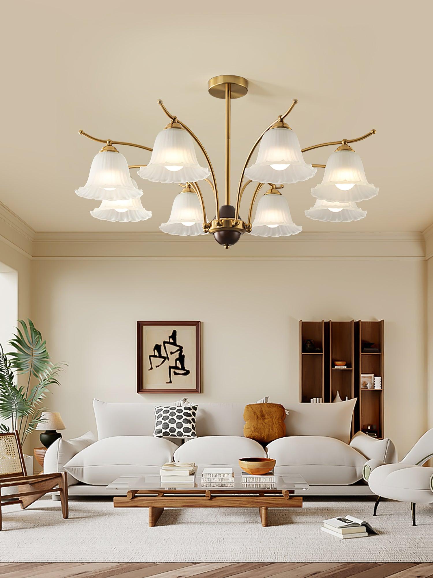 Luxury Flora Brass Chandelier with Elegant Frosted Glass Flower Petal Shades