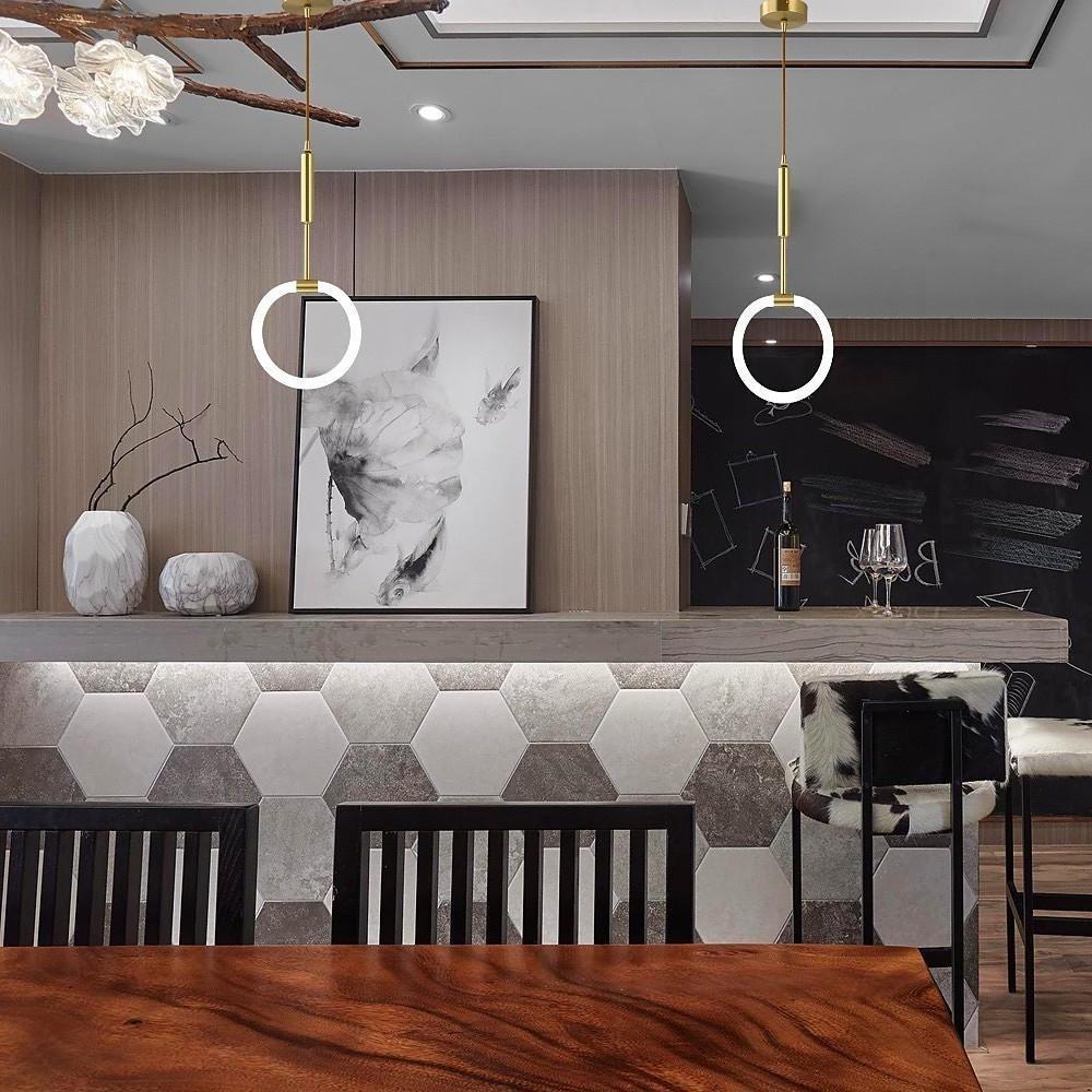 Luxury Gold Circle LED Pendant Light Copper Geometric Hanging Chandelier for Bedroom and Kitchen Island
