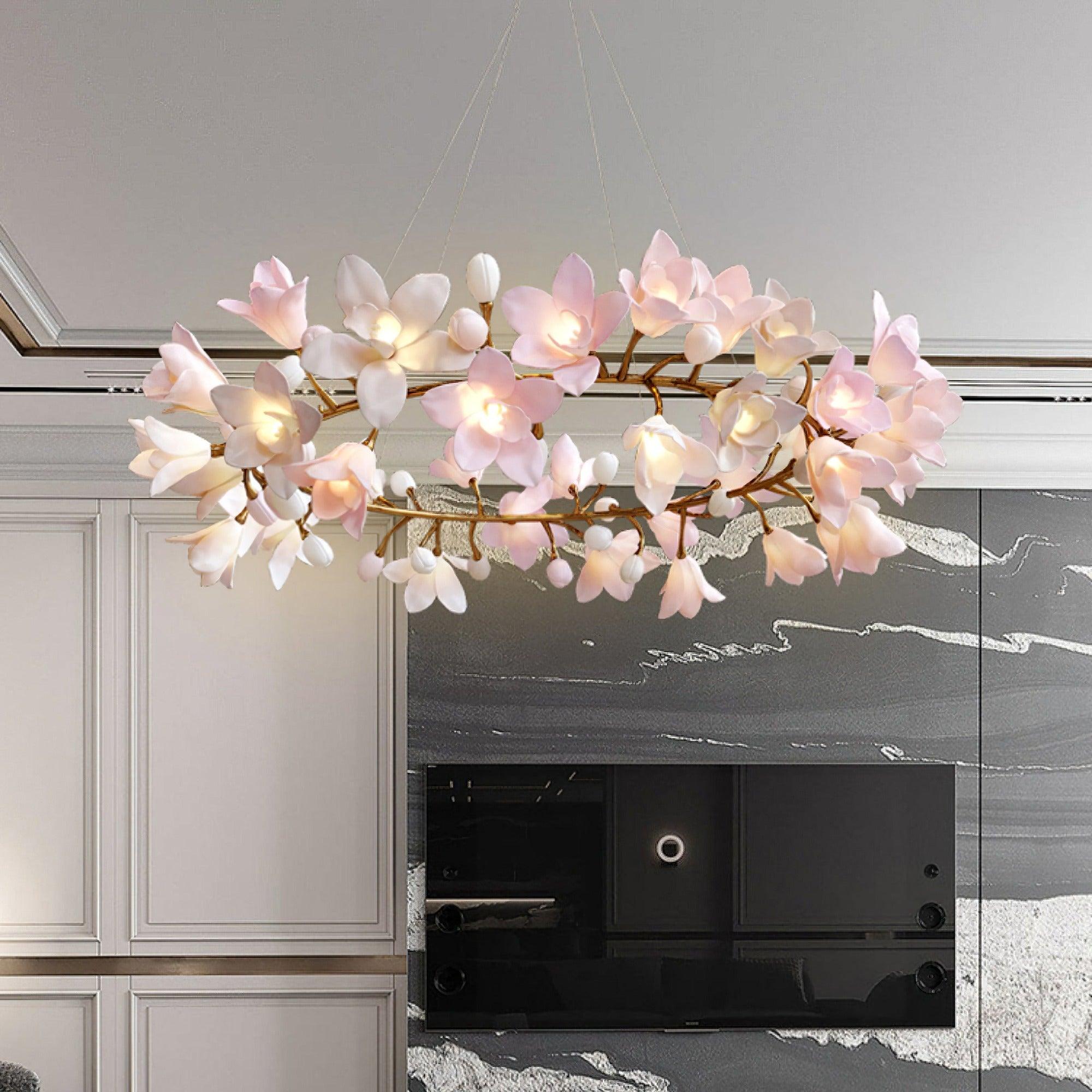 Luxury Handcrafted Ceramic Blossom Chandelier Brass Floral Pendant Ceiling Light Fixture