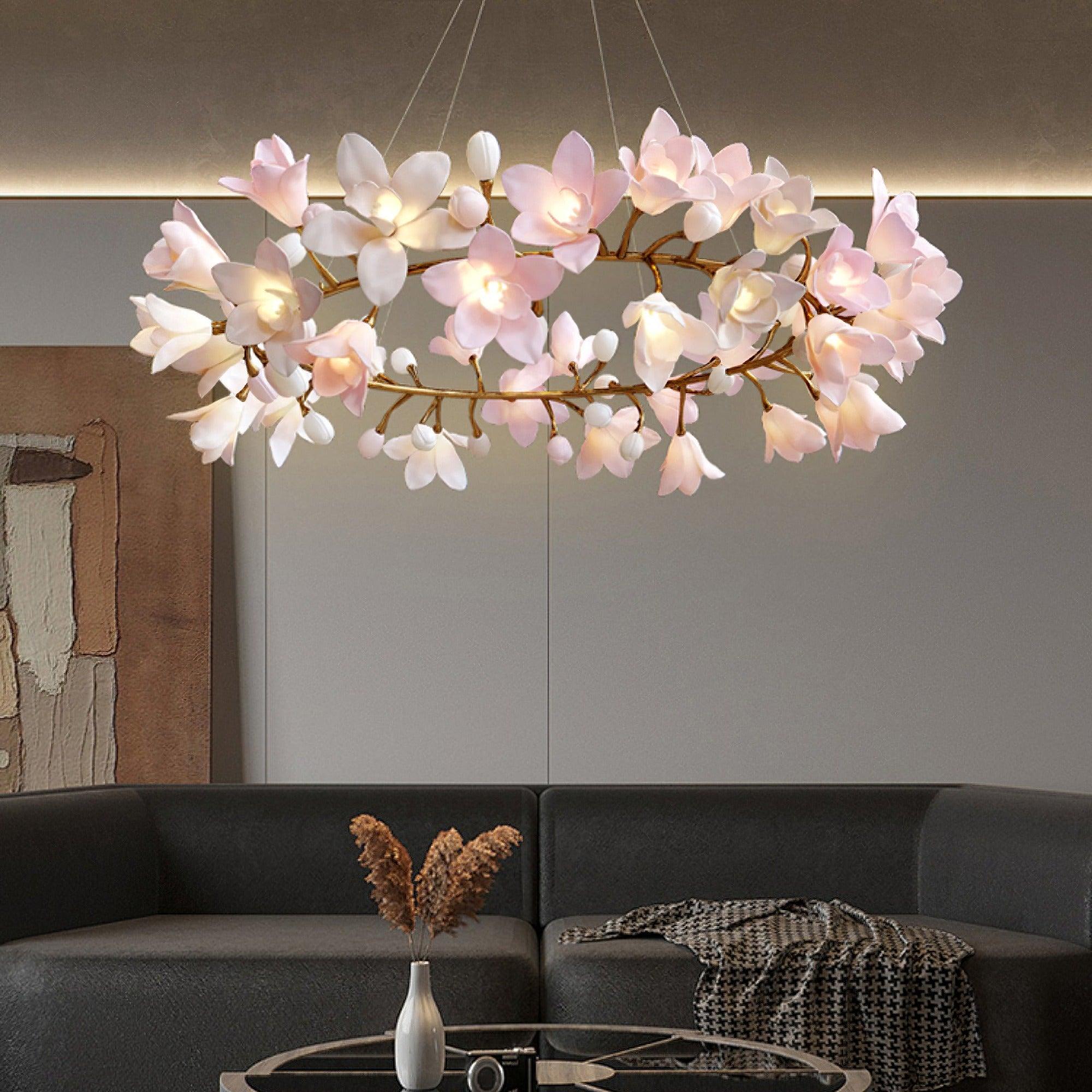 Luxury Handcrafted Ceramic Blossom Chandelier Brass Floral Pendant Ceiling Light Fixture
