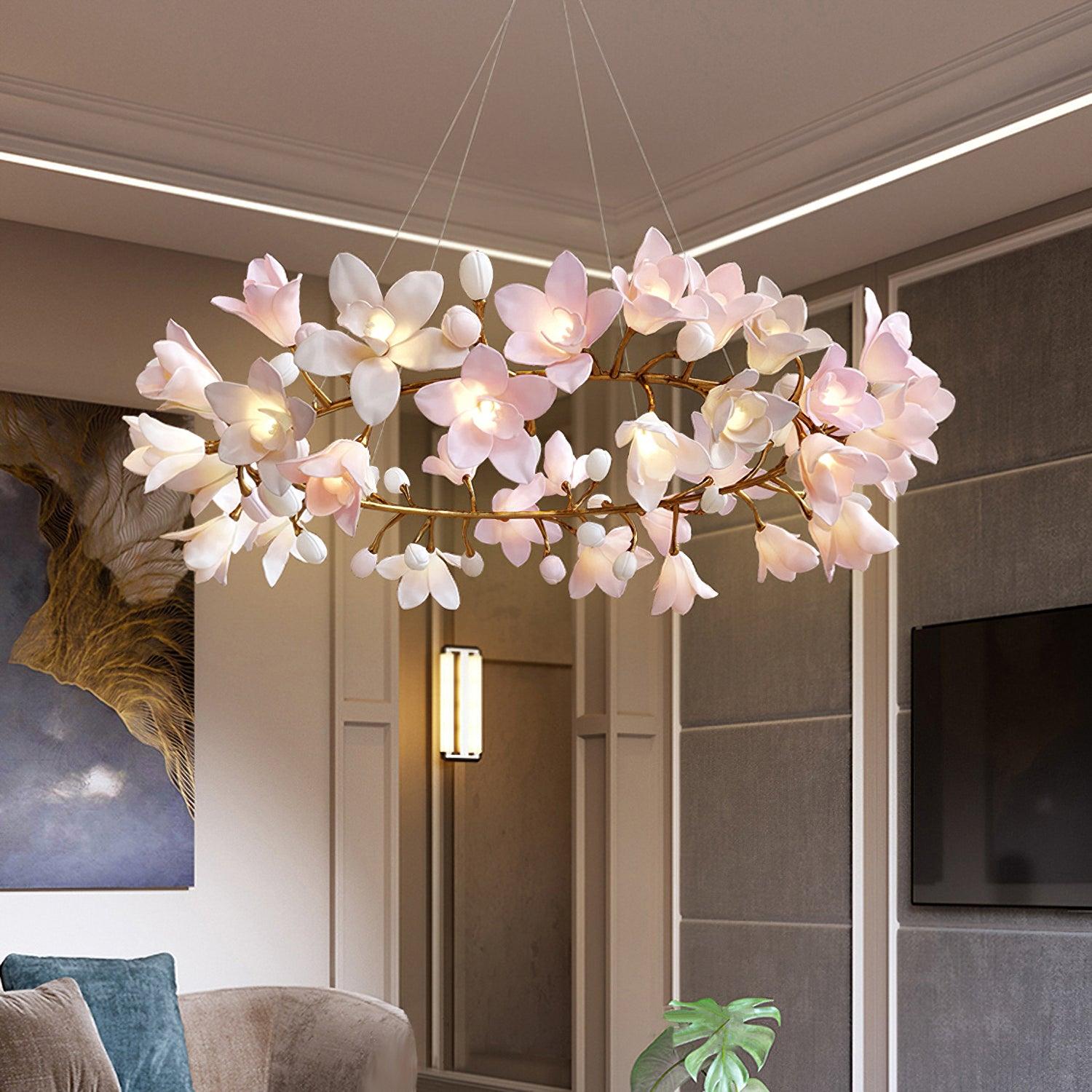 Luxury Handcrafted Ceramic Blossom Chandelier Brass Floral Pendant Ceiling Light Fixture