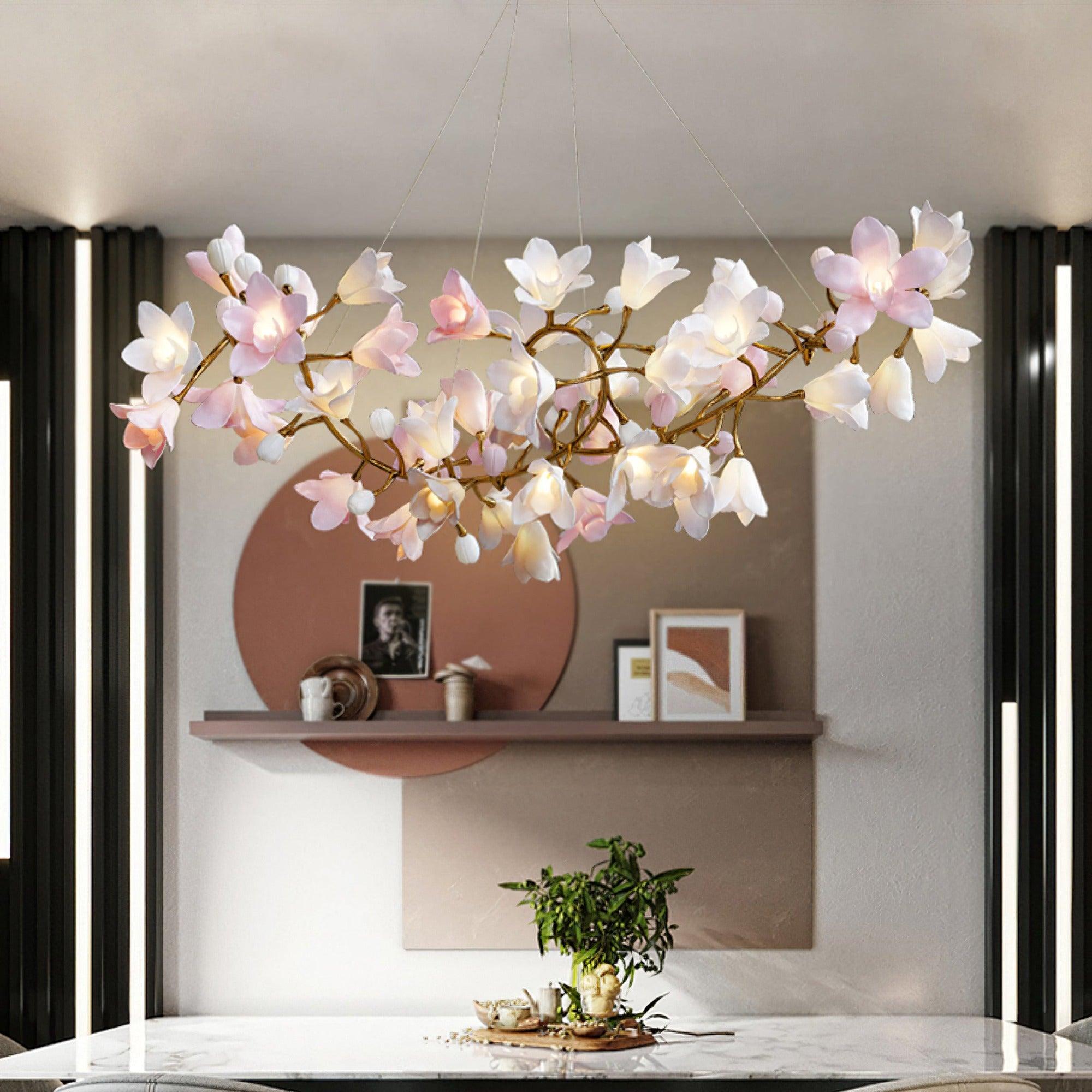 Luxury Handcrafted Ceramic Blossom Chandelier Brass Floral Pendant Ceiling Light Fixture
