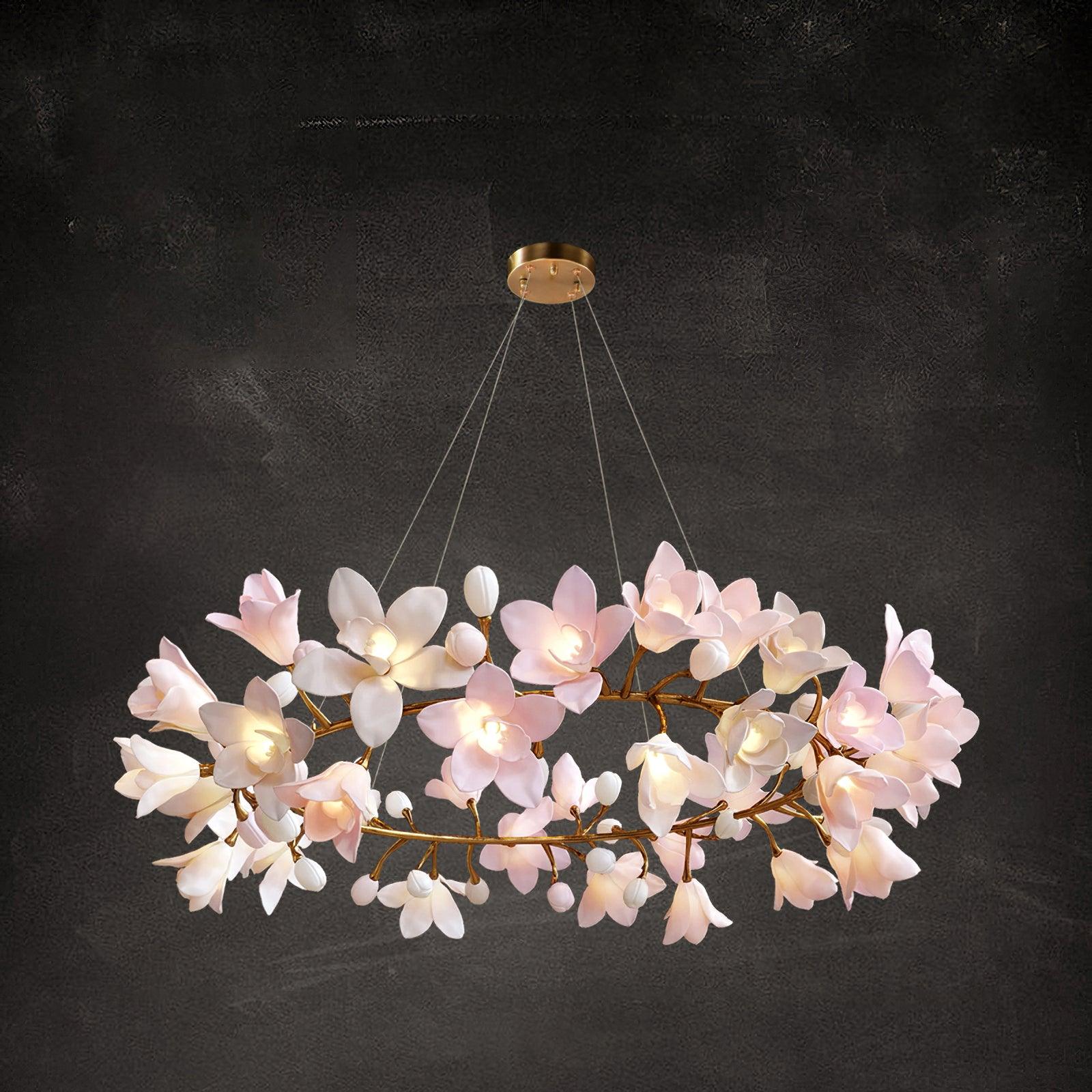 Luxury Handcrafted Ceramic Blossom Chandelier Brass Floral Pendant Ceiling Light Fixture
