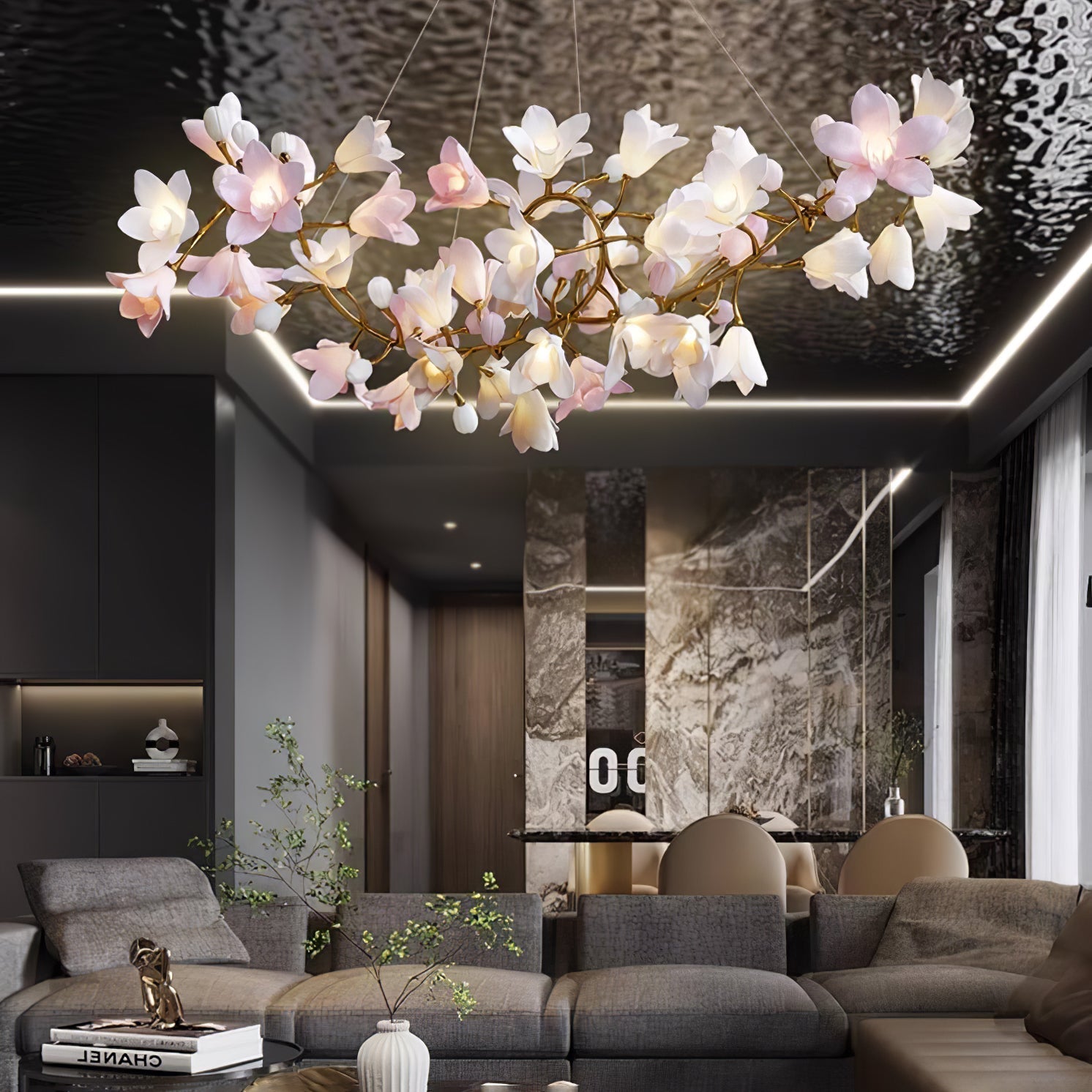 Luxury Handcrafted Ceramic Blossom Chandelier Brass Floral Pendant Ceiling Light Fixture