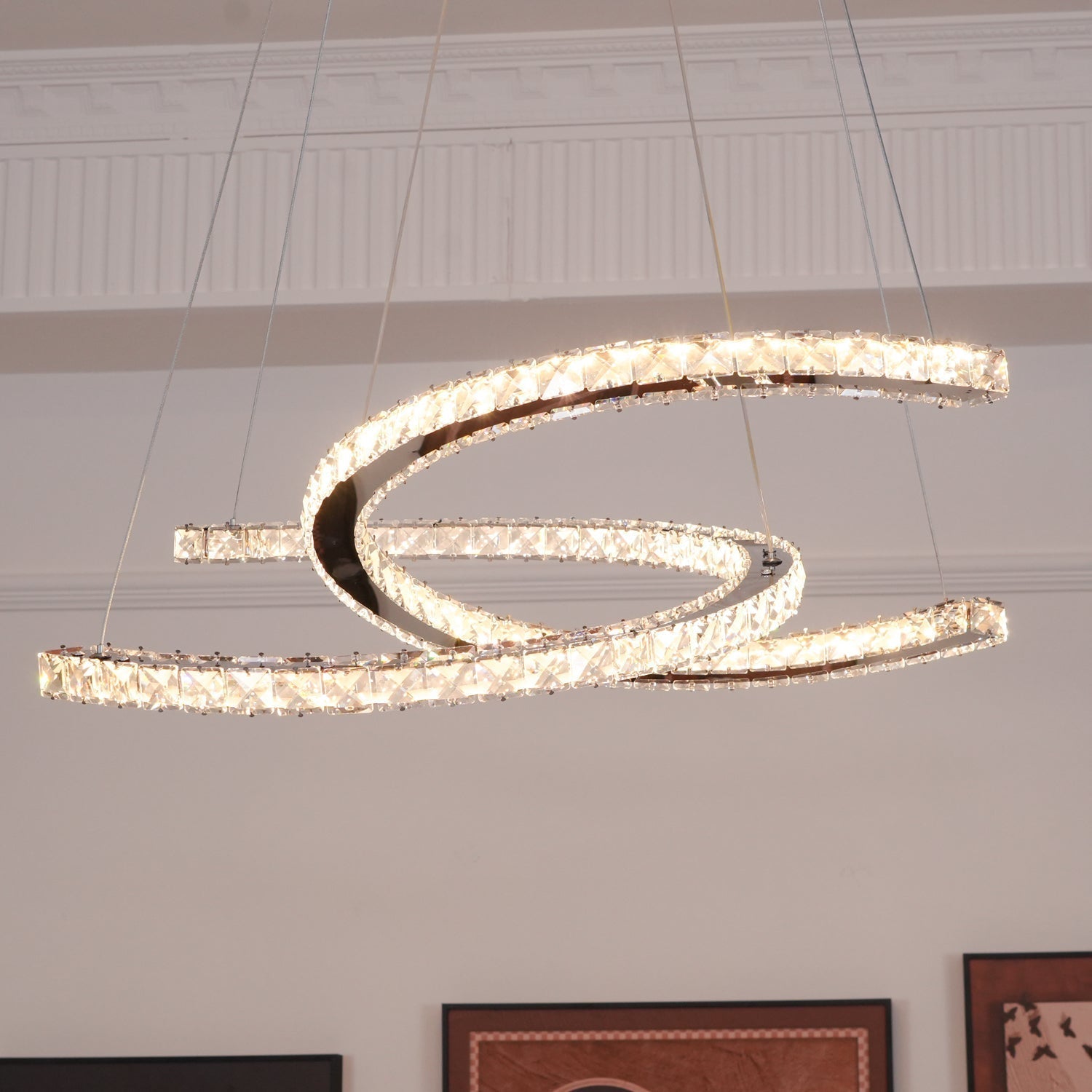 Luxury K9 Crystal Double C Ring Pendant Light Modern Silver Stainless Steel LED Chandelier Lighting