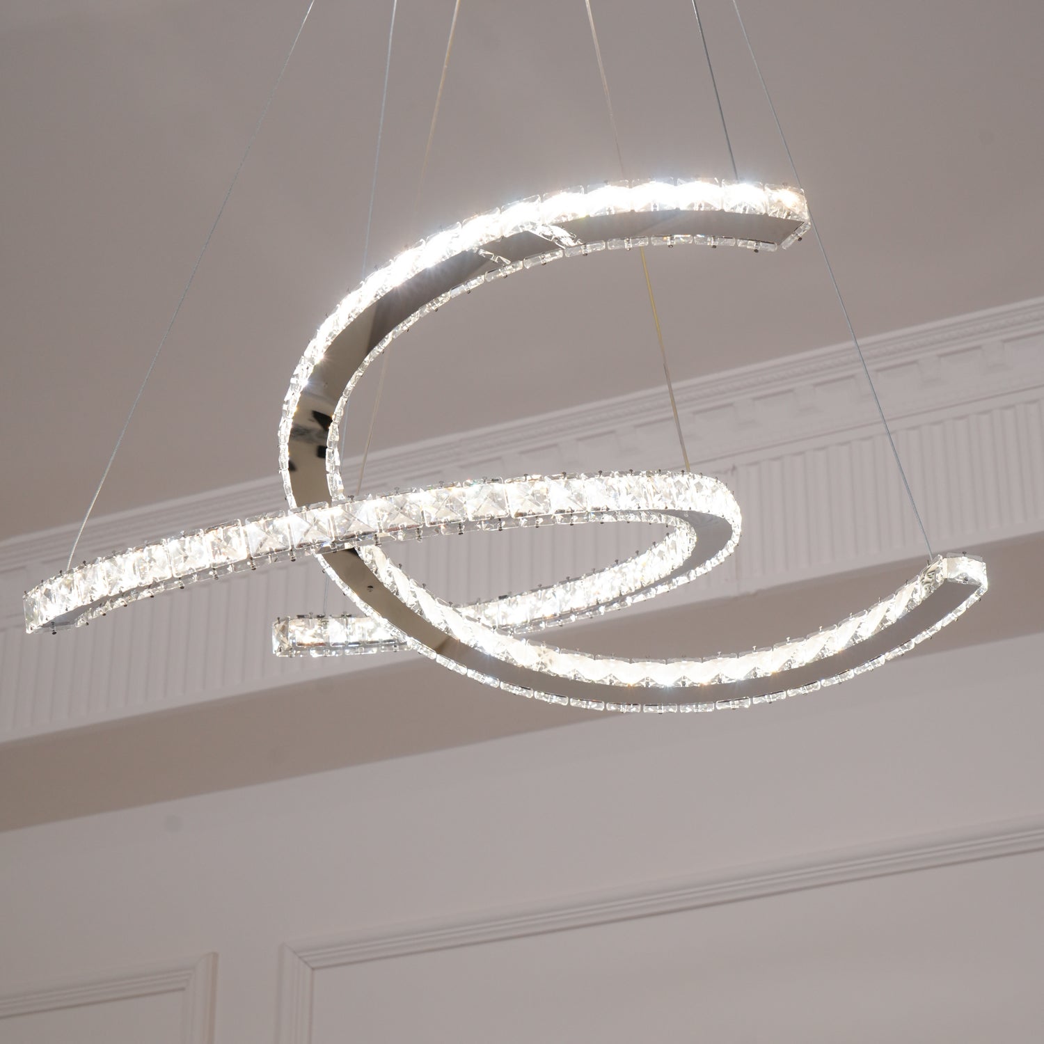 Luxury K9 Crystal Double C Ring Pendant Light Modern Silver Stainless Steel LED Chandelier Lighting