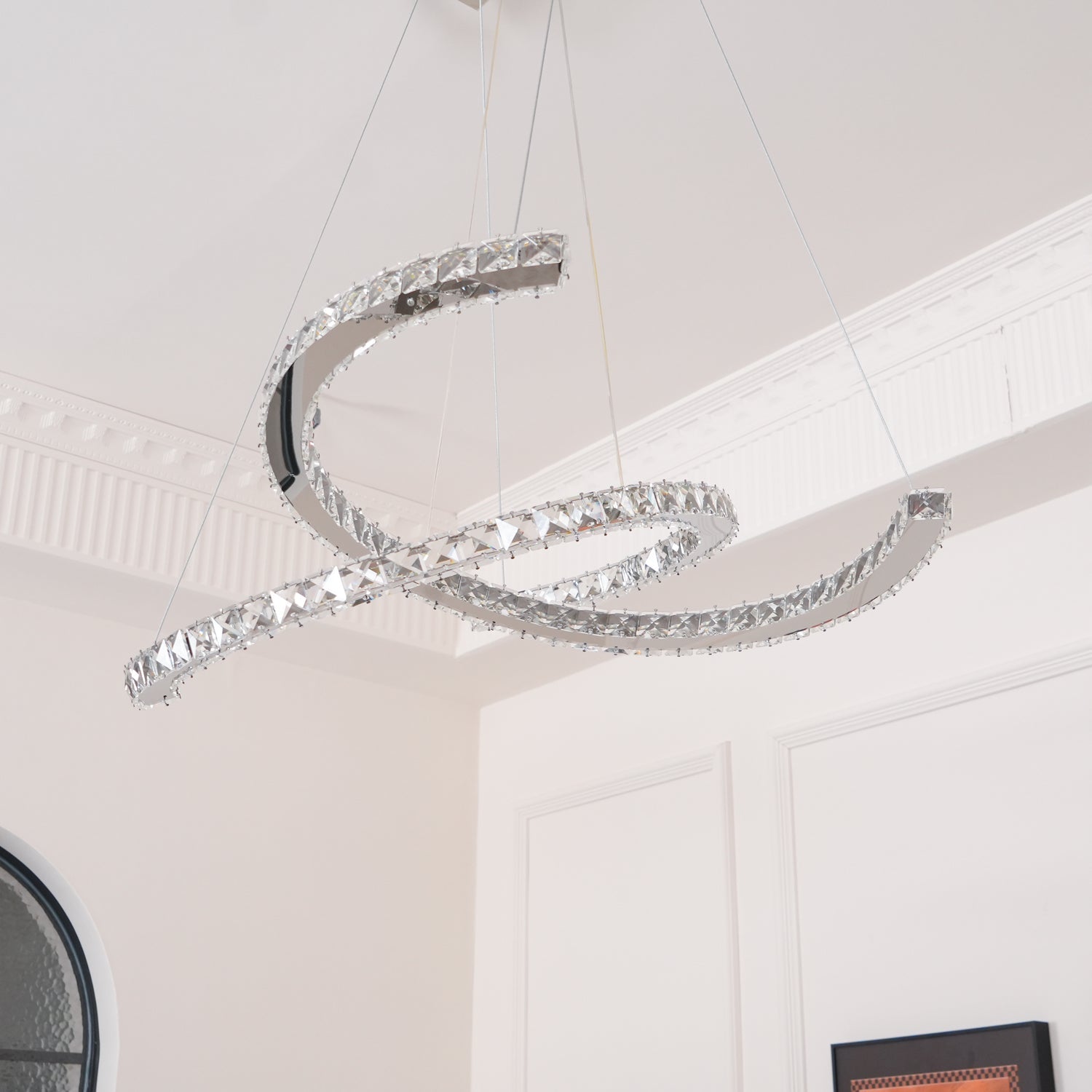 Luxury K9 Crystal Double C Ring Pendant Light Modern Silver Stainless Steel LED Chandelier Lighting