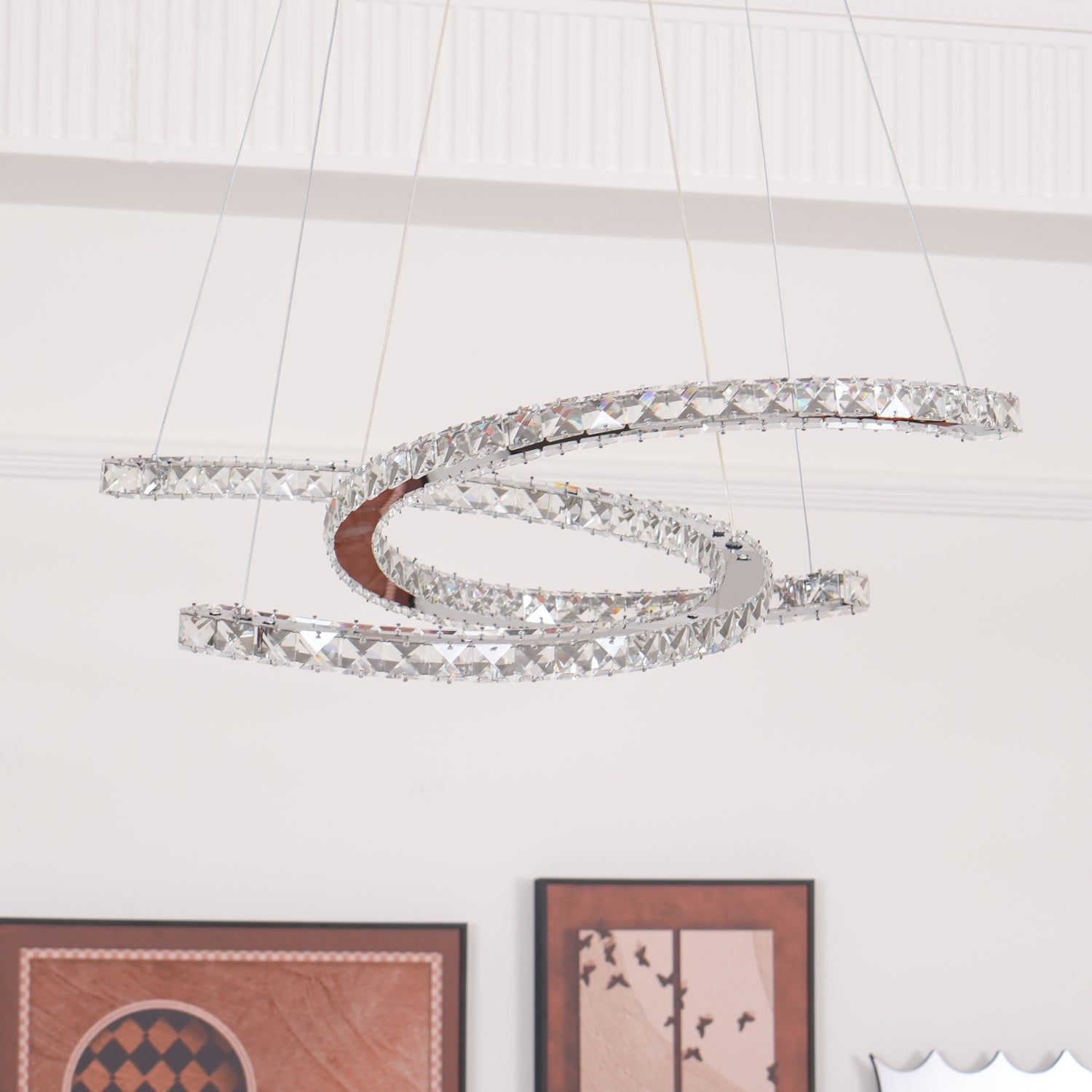 Luxury K9 Crystal Double C Ring Pendant Light Modern Silver Stainless Steel LED Chandelier Lighting