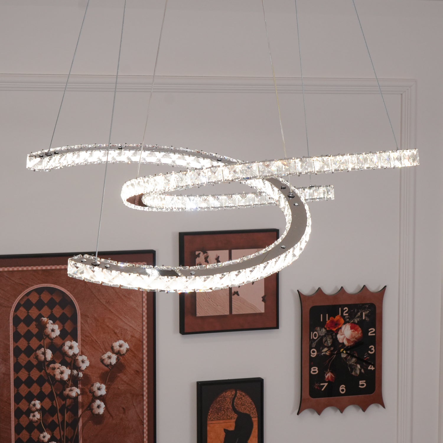Luxury K9 Crystal Double C Ring Pendant Light Modern Silver Stainless Steel LED Chandelier Lighting