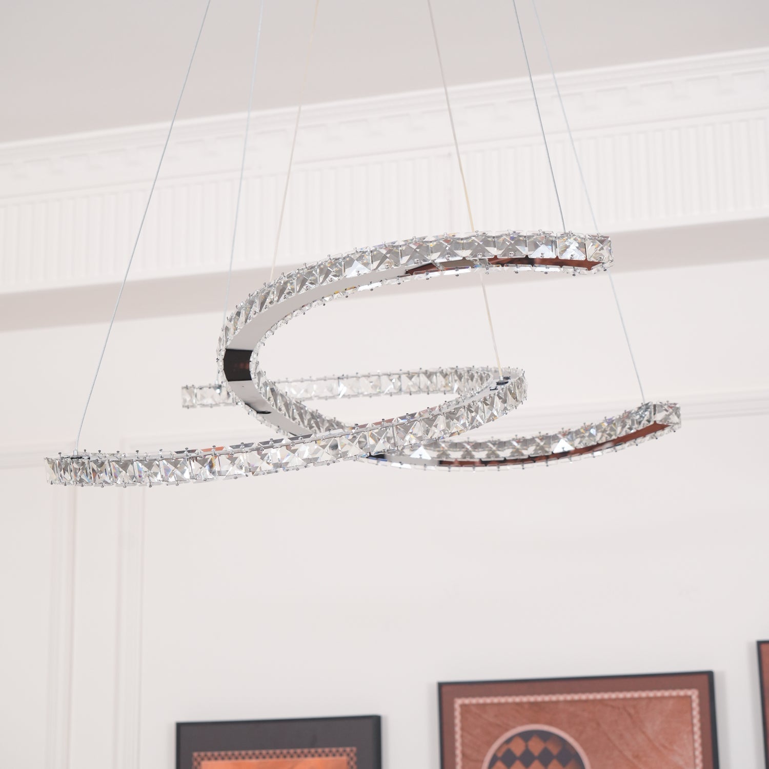 Luxury K9 Crystal Double C Ring Pendant Light Modern Silver Stainless Steel LED Chandelier Lighting