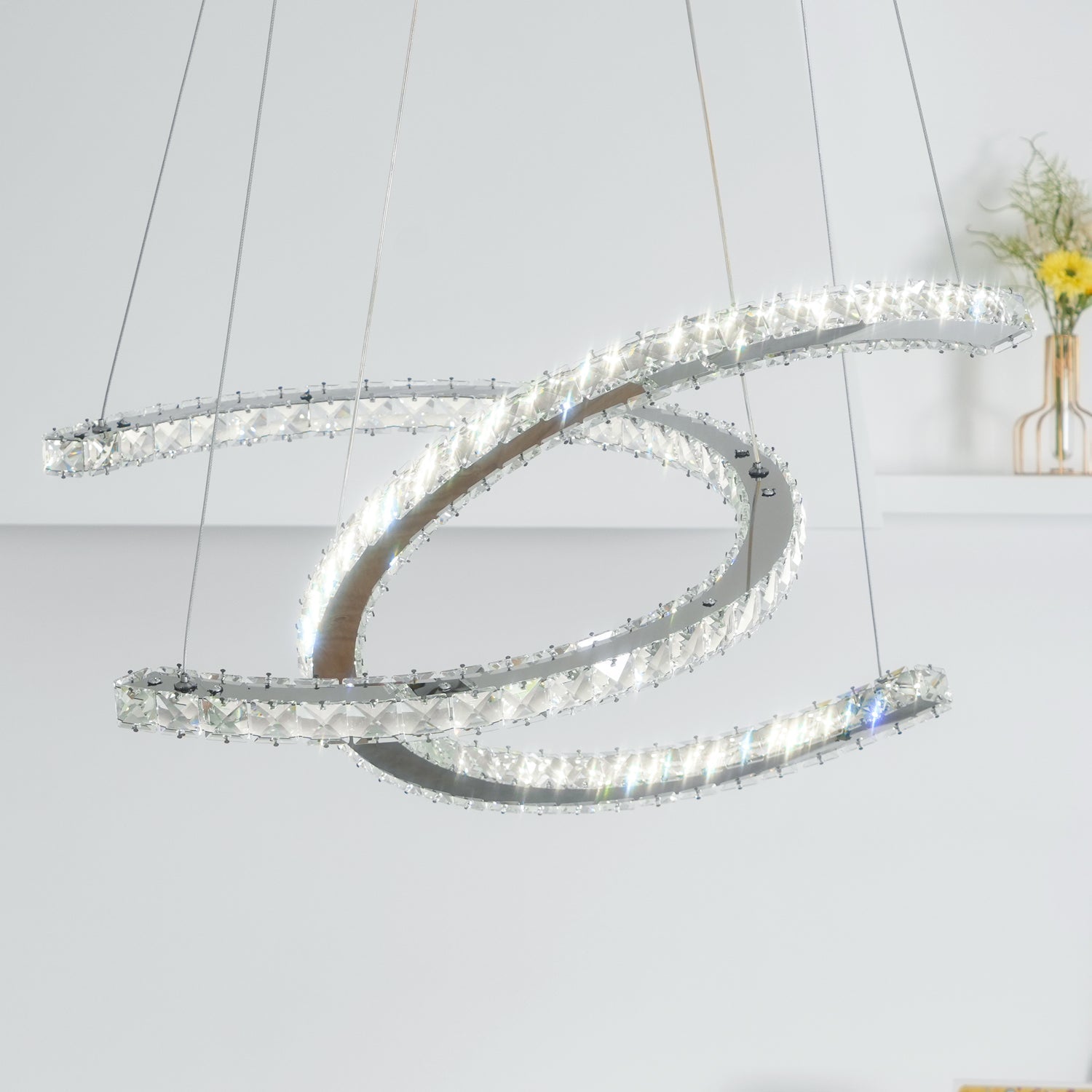 Luxury K9 Crystal Double C Ring Pendant Light Modern Silver Stainless Steel LED Chandelier Lighting