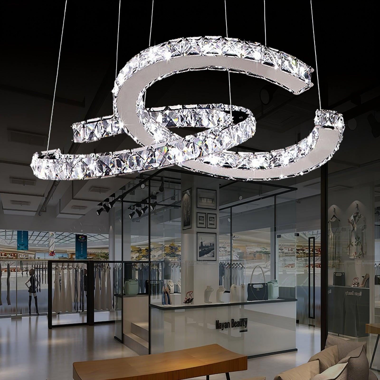 Luxury K9 Crystal Double C Ring Pendant Light Modern Silver Stainless Steel LED Chandelier Lighting