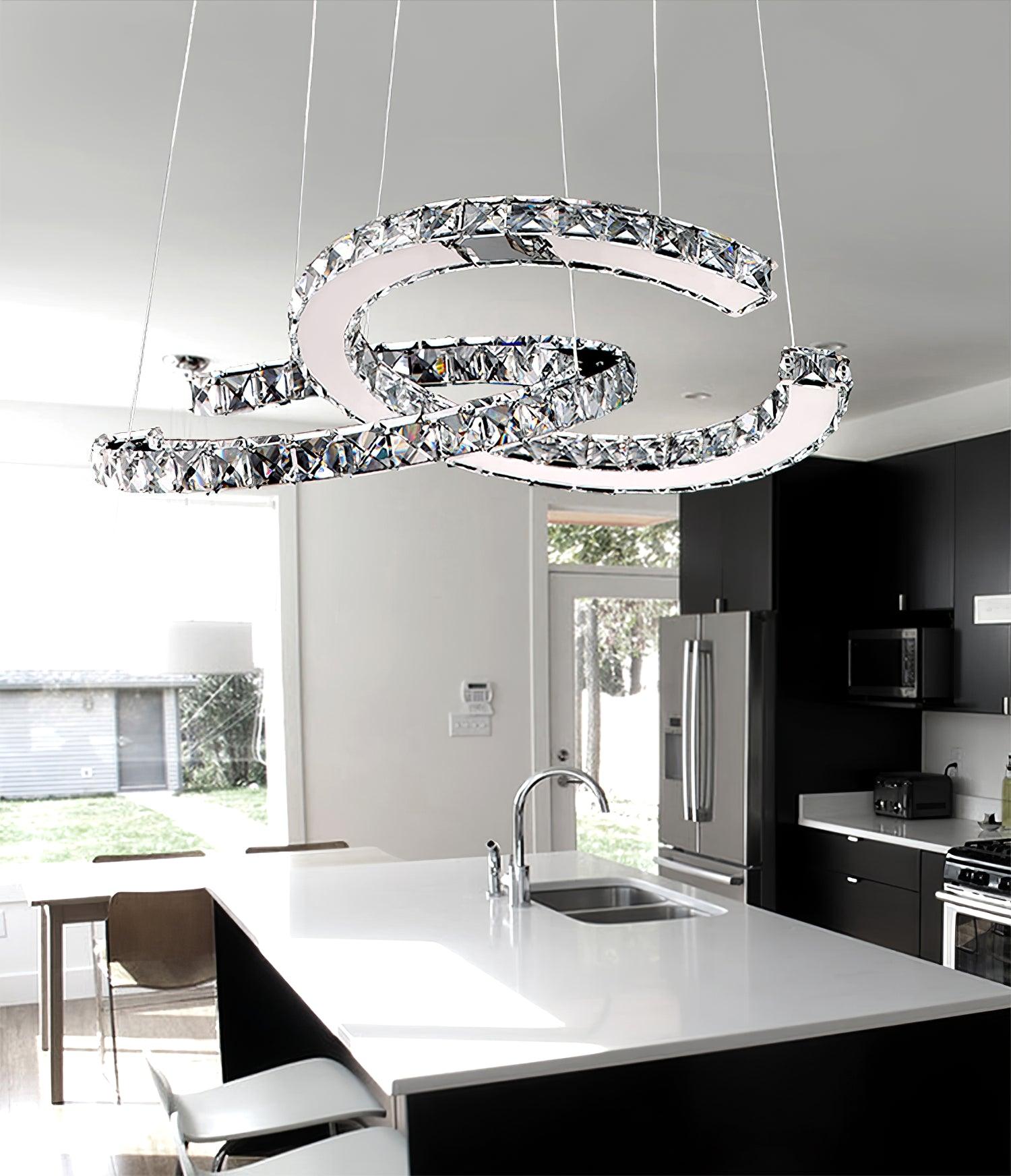 Luxury K9 Crystal Double C Ring Pendant Light Modern Silver Stainless Steel LED Chandelier Lighting