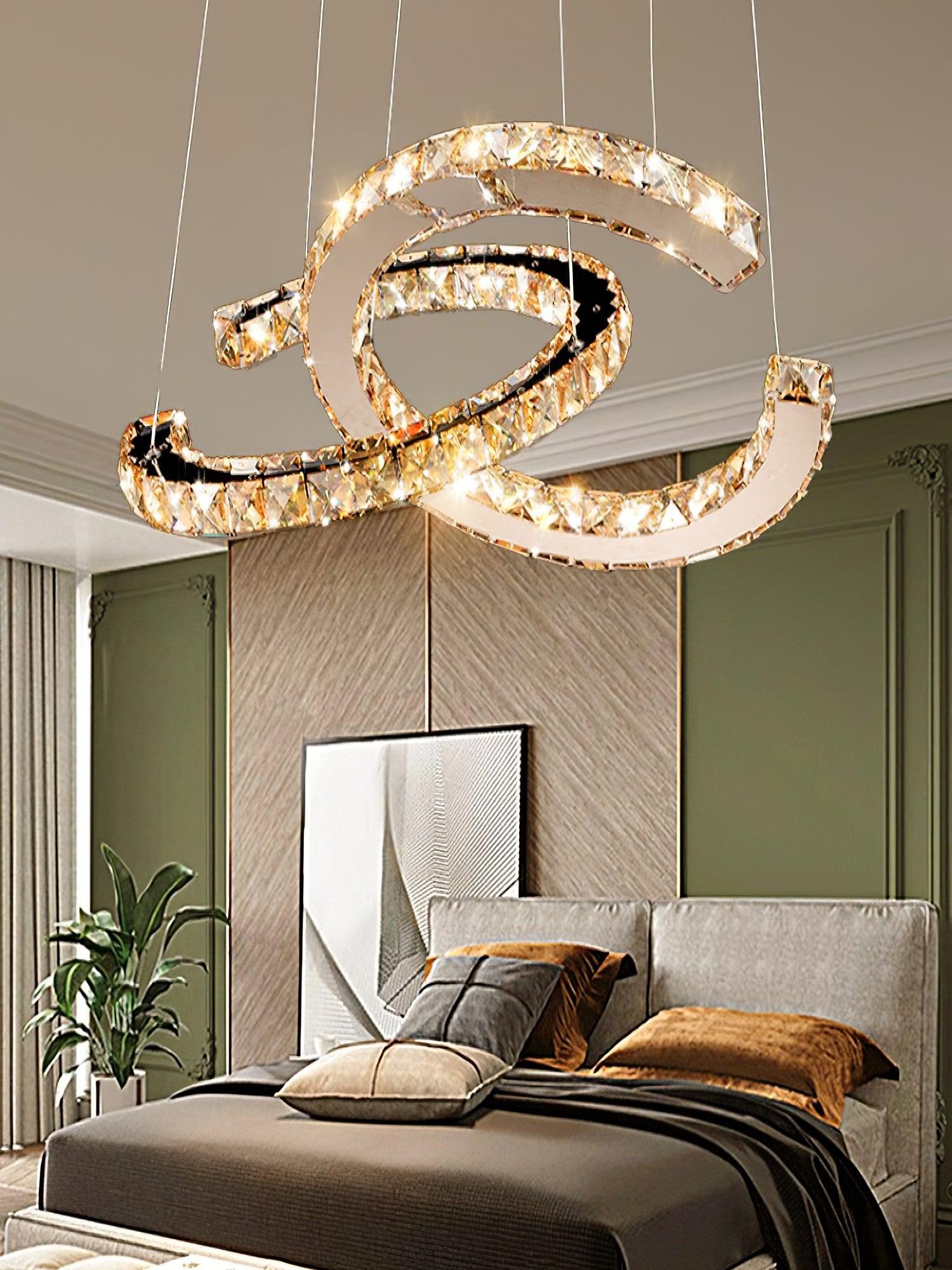 Luxury K9 Crystal Double C Ring Pendant Light Modern Silver Stainless Steel LED Chandelier Lighting