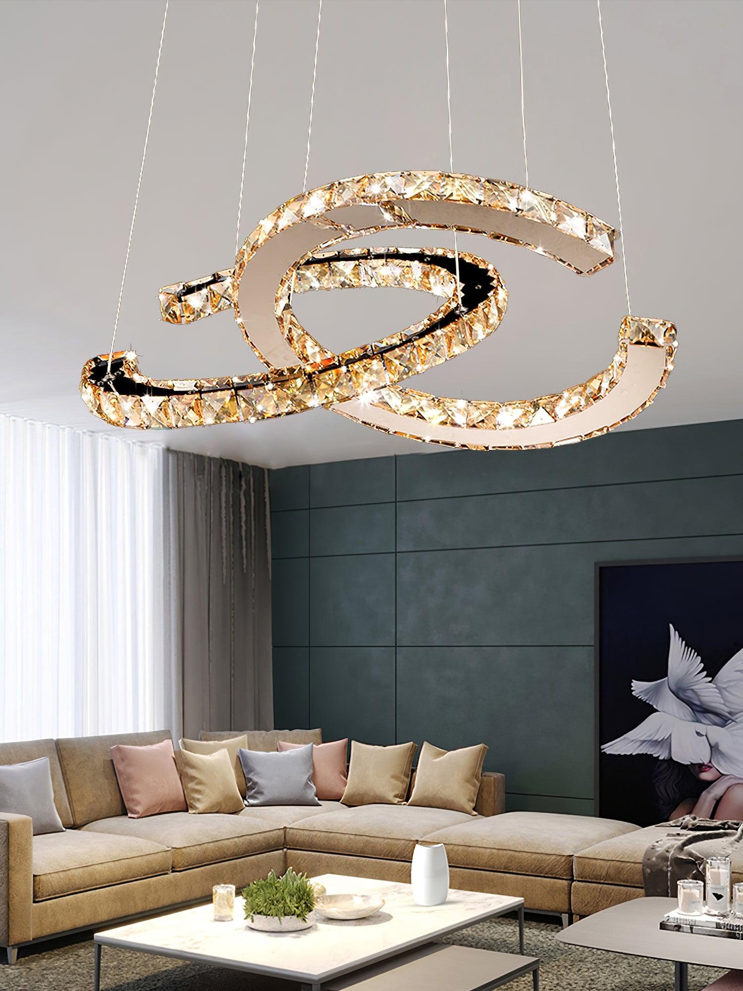 Luxury K9 Crystal Double C Ring Pendant Light Modern Silver Stainless Steel LED Chandelier Lighting