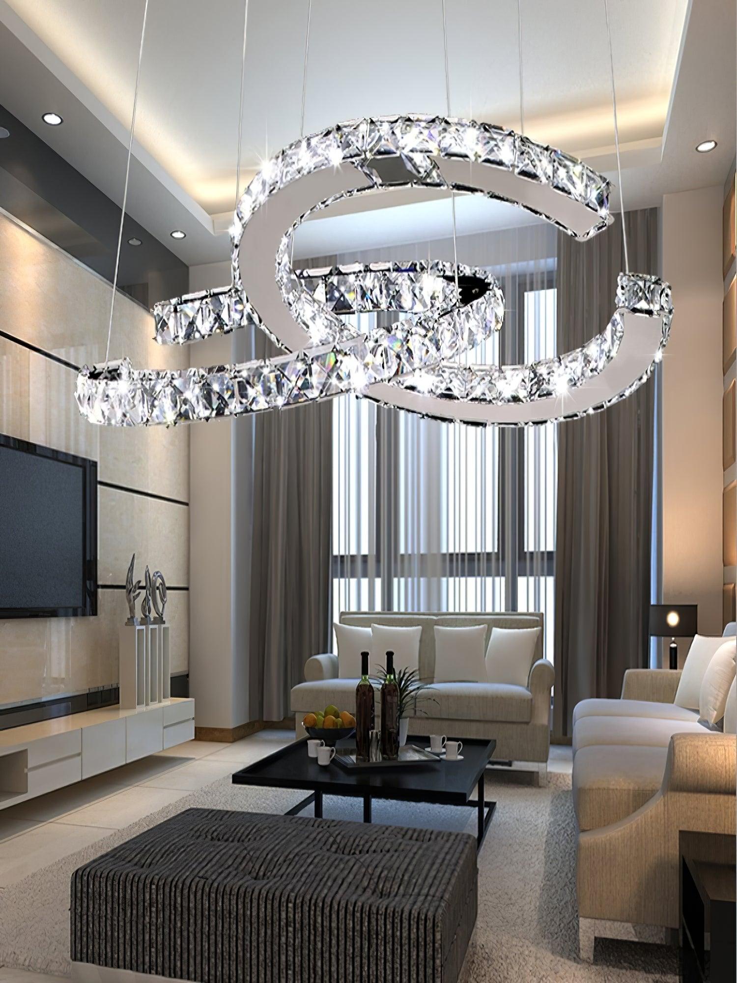 Luxury K9 Crystal Double C Ring Pendant Light Modern Silver Stainless Steel LED Chandelier Lighting