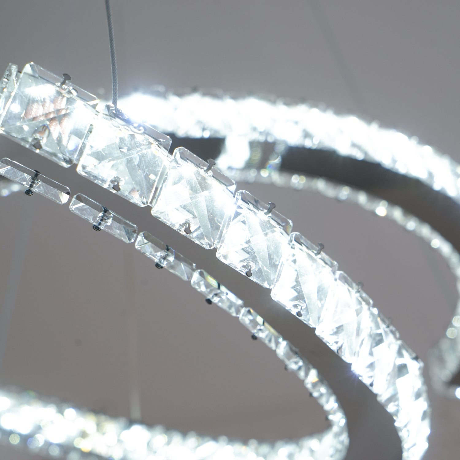 Luxury K9 Crystal Double C Ring Pendant Light Modern Silver Stainless Steel LED Chandelier Lighting
