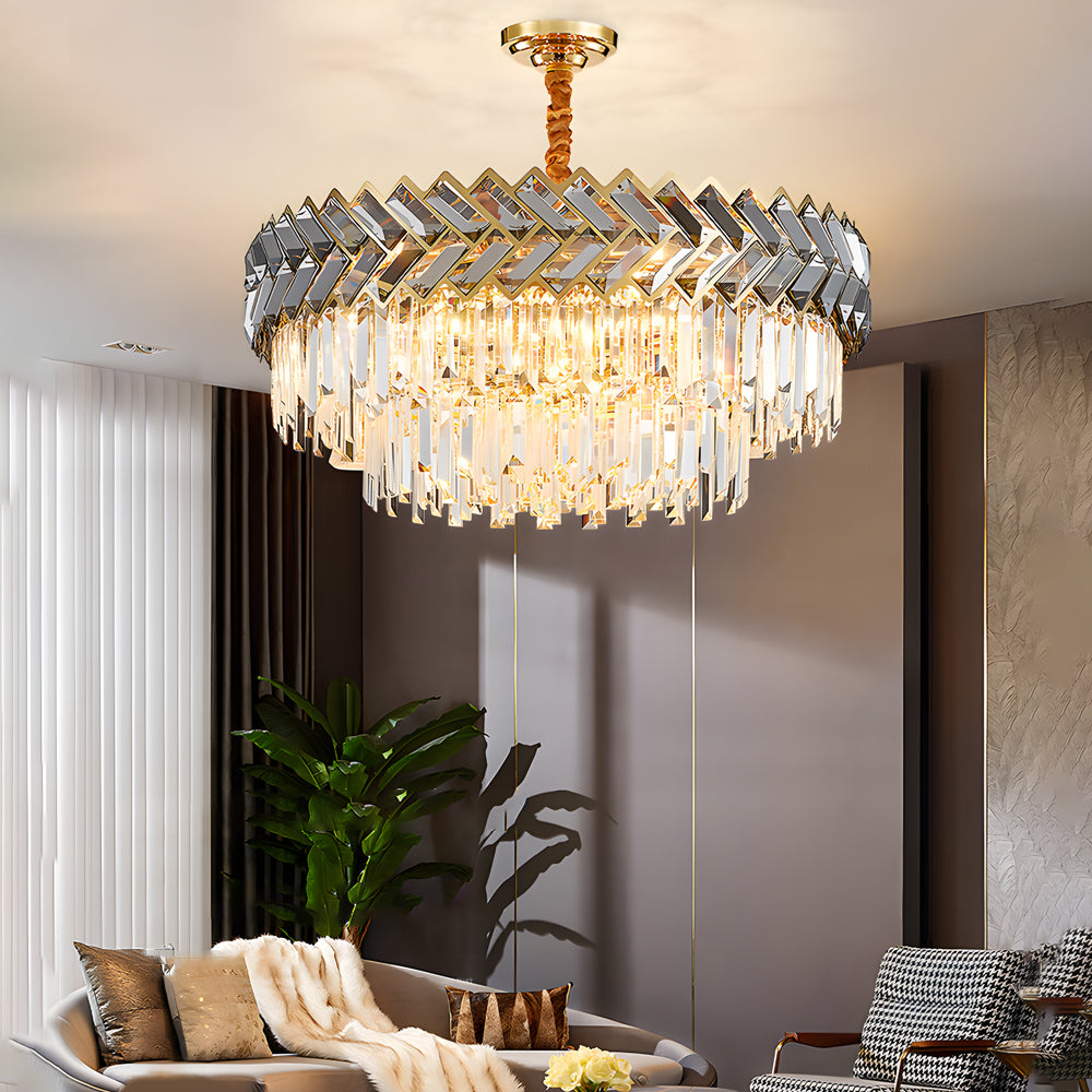 Luxury Modern Crystal Chandelier with Smoke Gray Glass LED Dimmable Round and Rectangular Lights