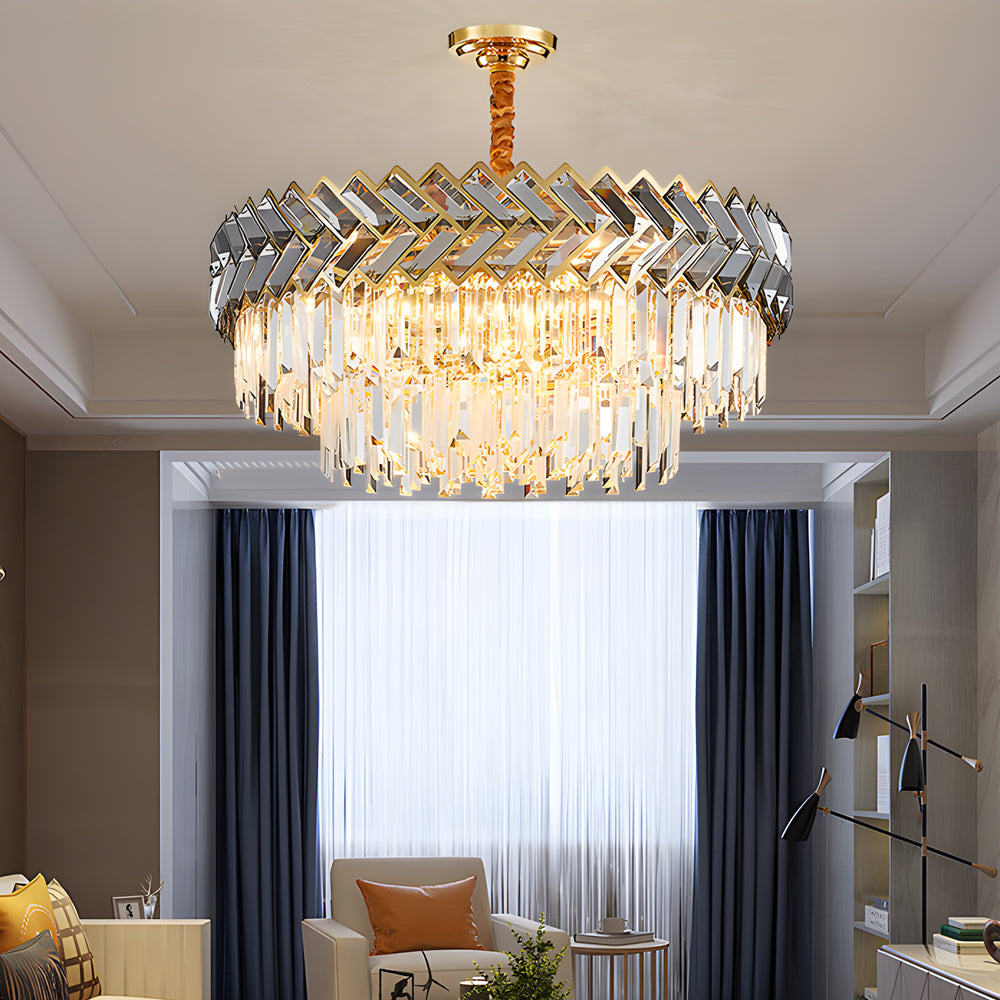 Luxury Modern Crystal Chandelier with Smoke Gray Glass LED Dimmable Round and Rectangular Lights