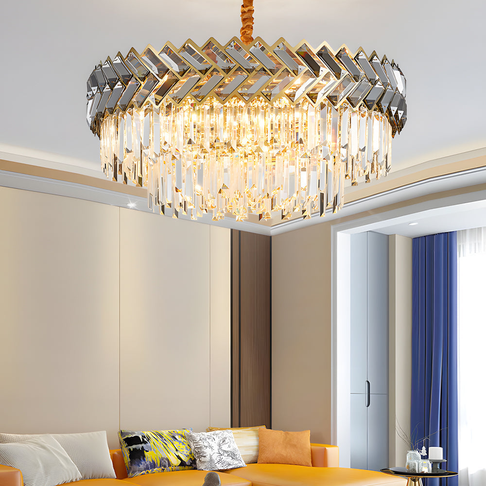 Luxury Modern Crystal Chandelier with Smoke Gray Glass LED Dimmable Round and Rectangular Lights
