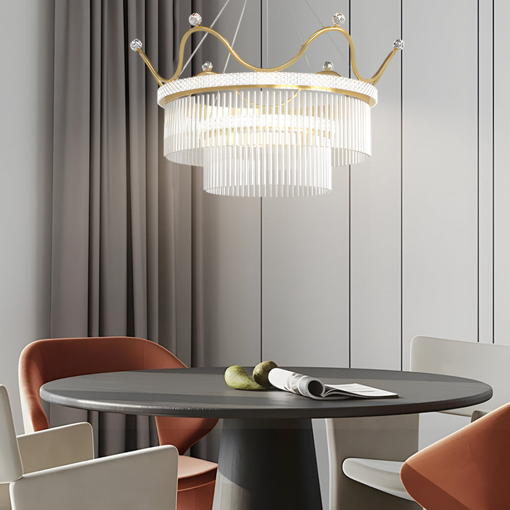 Luxury Modern Double Layer Glass Crystal Crown Pendant Light Gold 3 Step Dimming Chandelier
