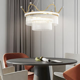 Luxury Modern Double Layer Glass Crystal Crown Pendant Light Gold 3 Step Dimming Chandelier