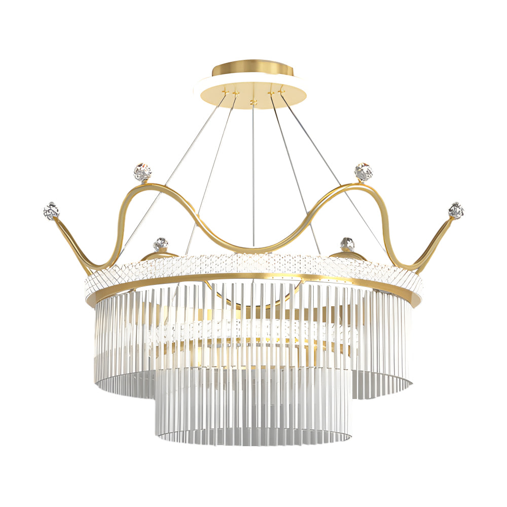 Luxury Modern Double Layer Glass Crystal Crown Pendant Light Gold 3 Step Dimming Chandelier