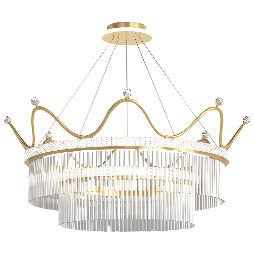 Luxury Modern Double Layer Glass Crystal Crown Pendant Light Gold 3 Step Dimming Chandelier