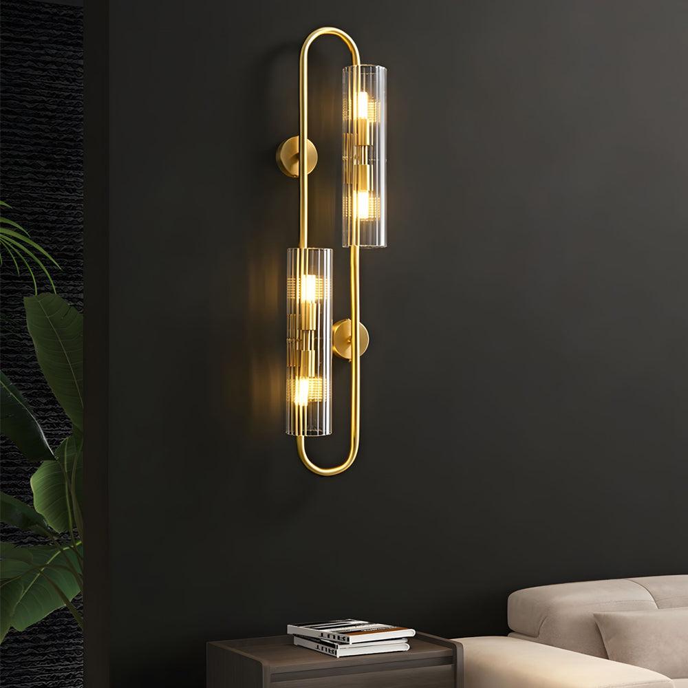 Luxury Modern Gold Brass Wall Lamp with 4 Light Cylindrical Clear Glass Shades for Home
