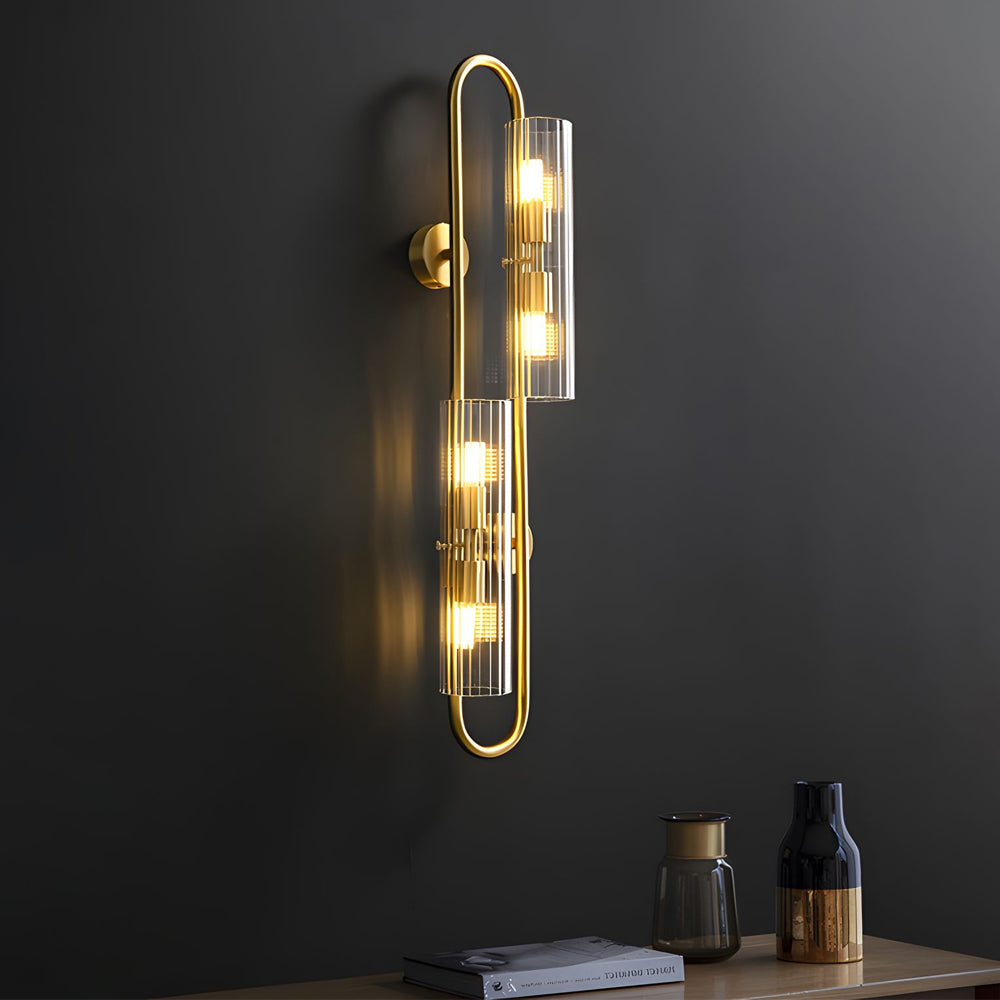 Luxury Modern Gold Brass Wall Lamp with 4 Light Cylindrical Clear Glass Shades for Home