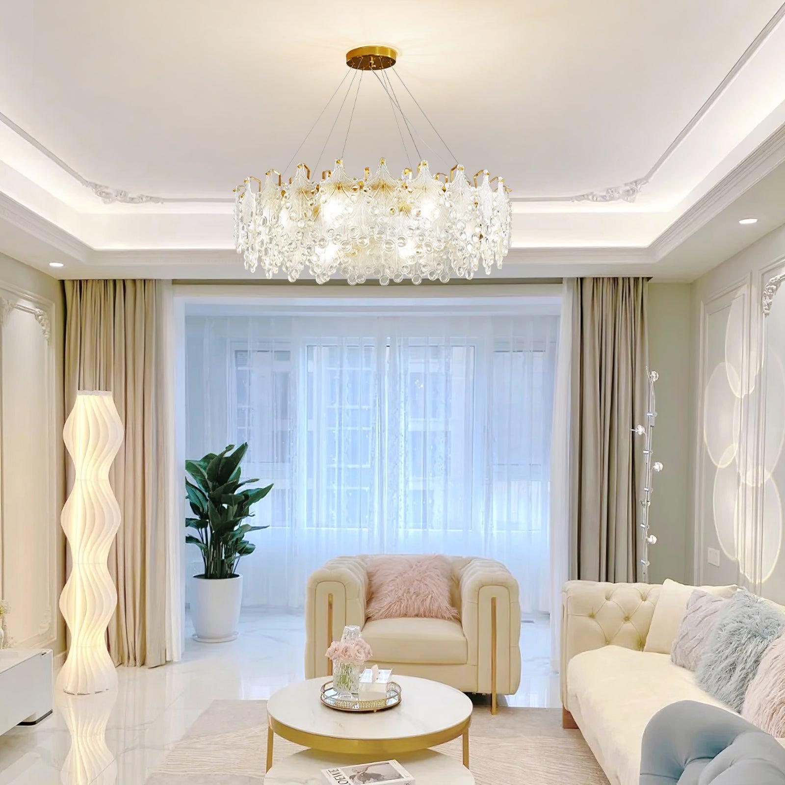 Luxury Modern Layered Engraved Glass Chandelier Gold Round Pendant Light
