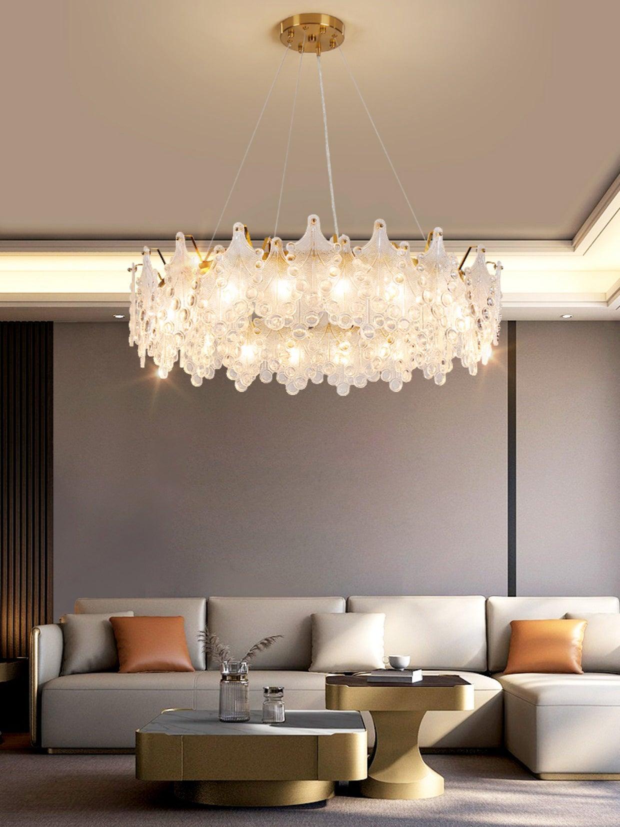 Luxury Modern Layered Engraved Glass Chandelier Gold Round Pendant Light