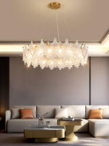 Luxury Modern Layered Engraved Glass Chandelier Gold Round Pendant Light