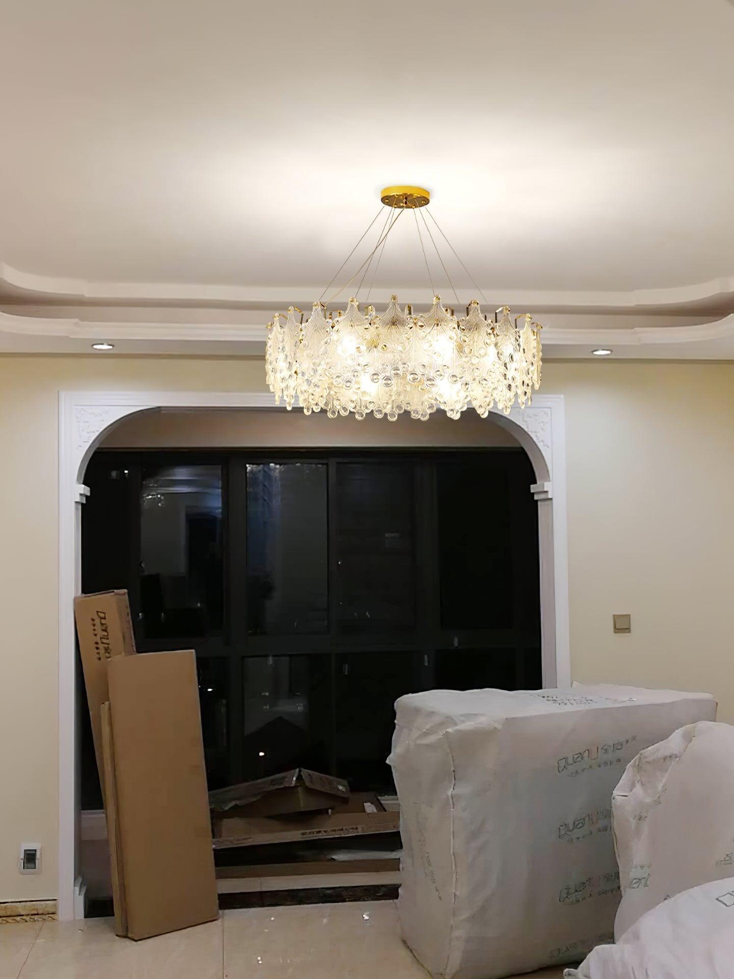 Luxury Modern Layered Engraved Glass Chandelier Gold Round Pendant Light