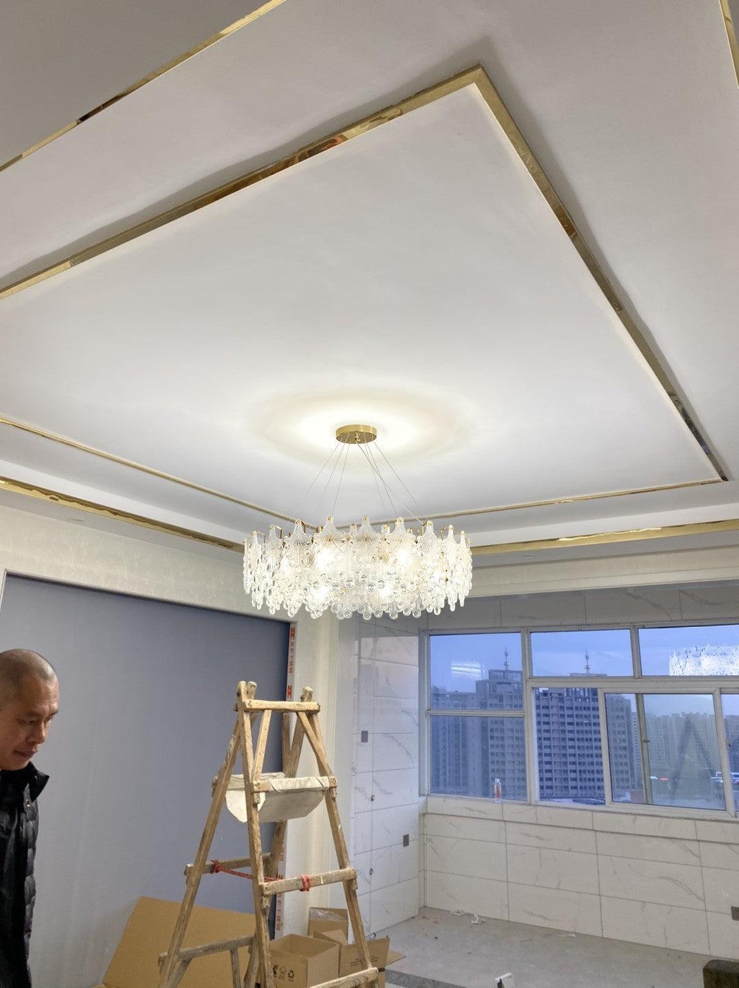 Luxury Modern Layered Engraved Glass Chandelier Gold Round Pendant Light