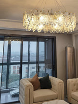 Luxury Modern Layered Engraved Glass Chandelier Gold Round Pendant Light