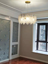 Luxury Modern Layered Engraved Glass Chandelier Gold Round Pendant Light