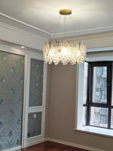Luxury Modern Layered Engraved Glass Chandelier Gold Round Pendant Light