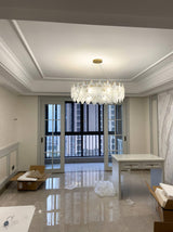 Luxury Modern Layered Engraved Glass Chandelier Gold Round Pendant Light