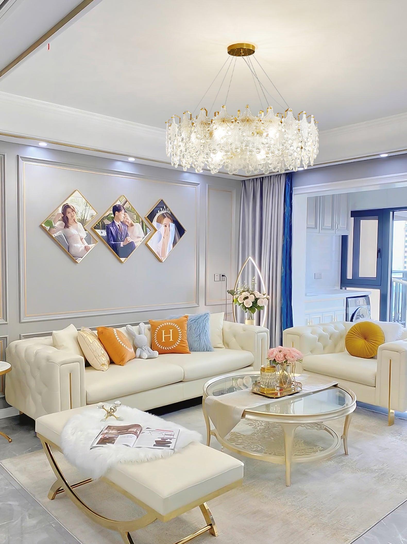 Luxury Modern Layered Engraved Glass Chandelier Gold Round Pendant Light