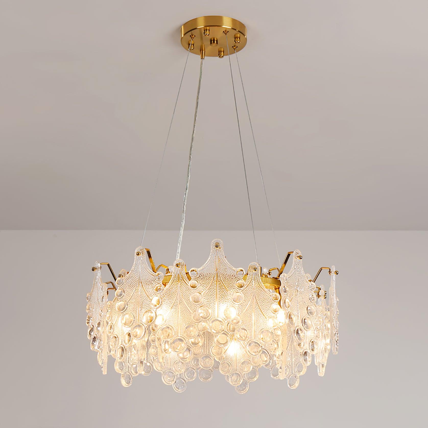 Luxury Modern Layered Engraved Glass Chandelier Gold Round Pendant Light