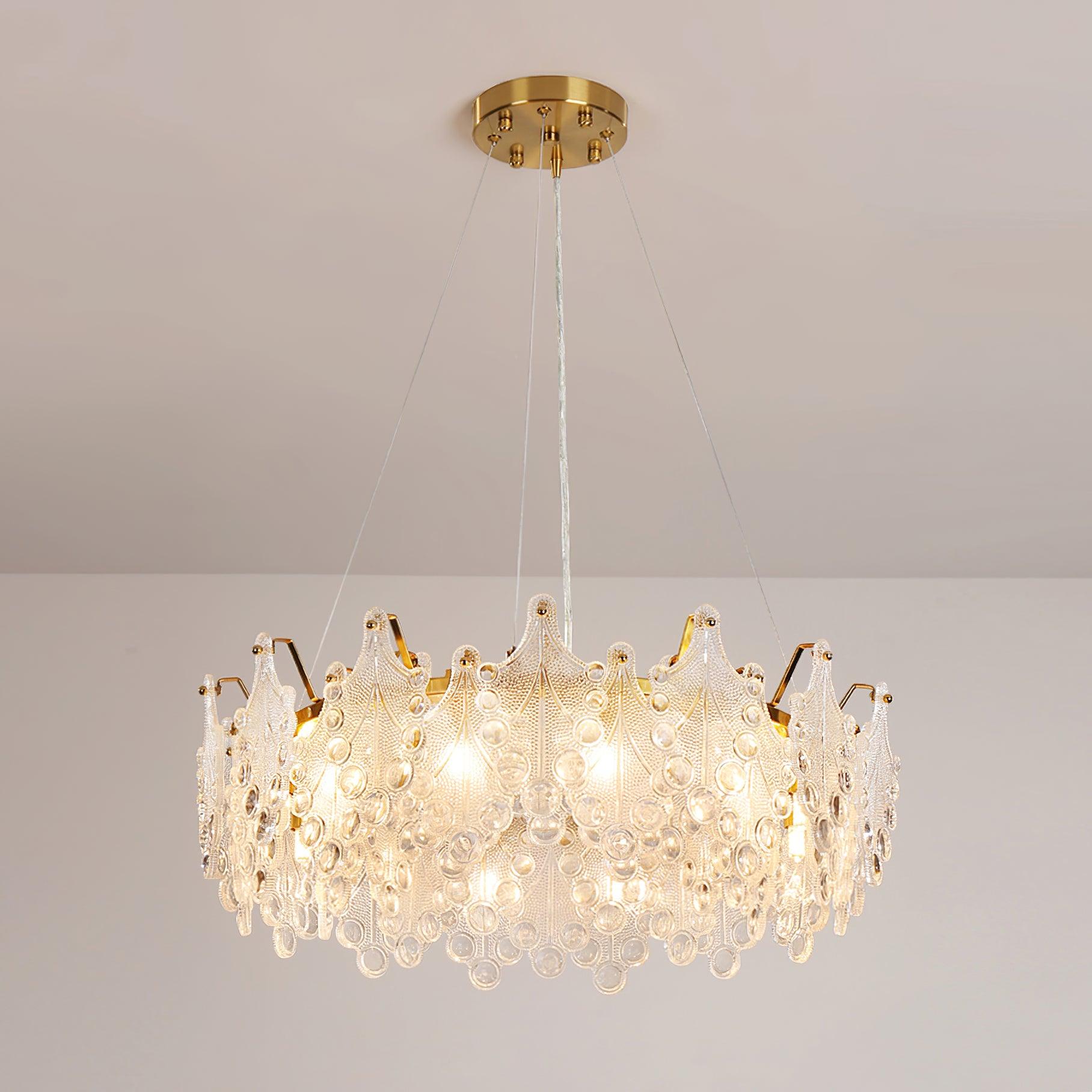 Luxury Modern Layered Engraved Glass Chandelier Gold Round Pendant Light