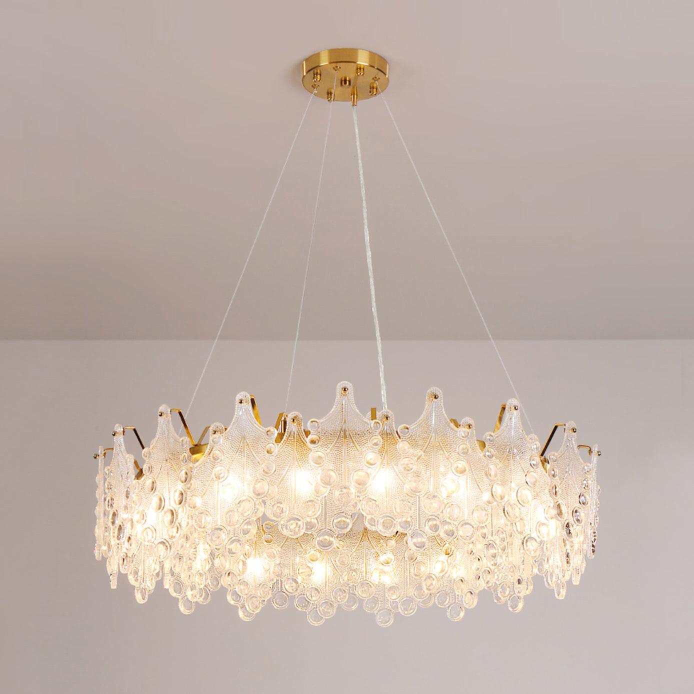 Luxury Modern Layered Engraved Glass Chandelier Gold Round Pendant Light