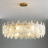 Luxury Modern Layered Engraved Glass Chandelier Gold Round Pendant Light