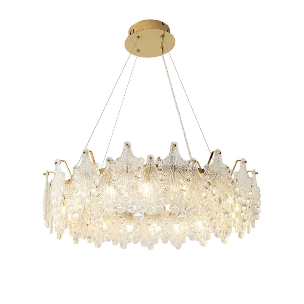 Luxury Modern Layered Engraved Glass Chandelier Gold Round Pendant Light