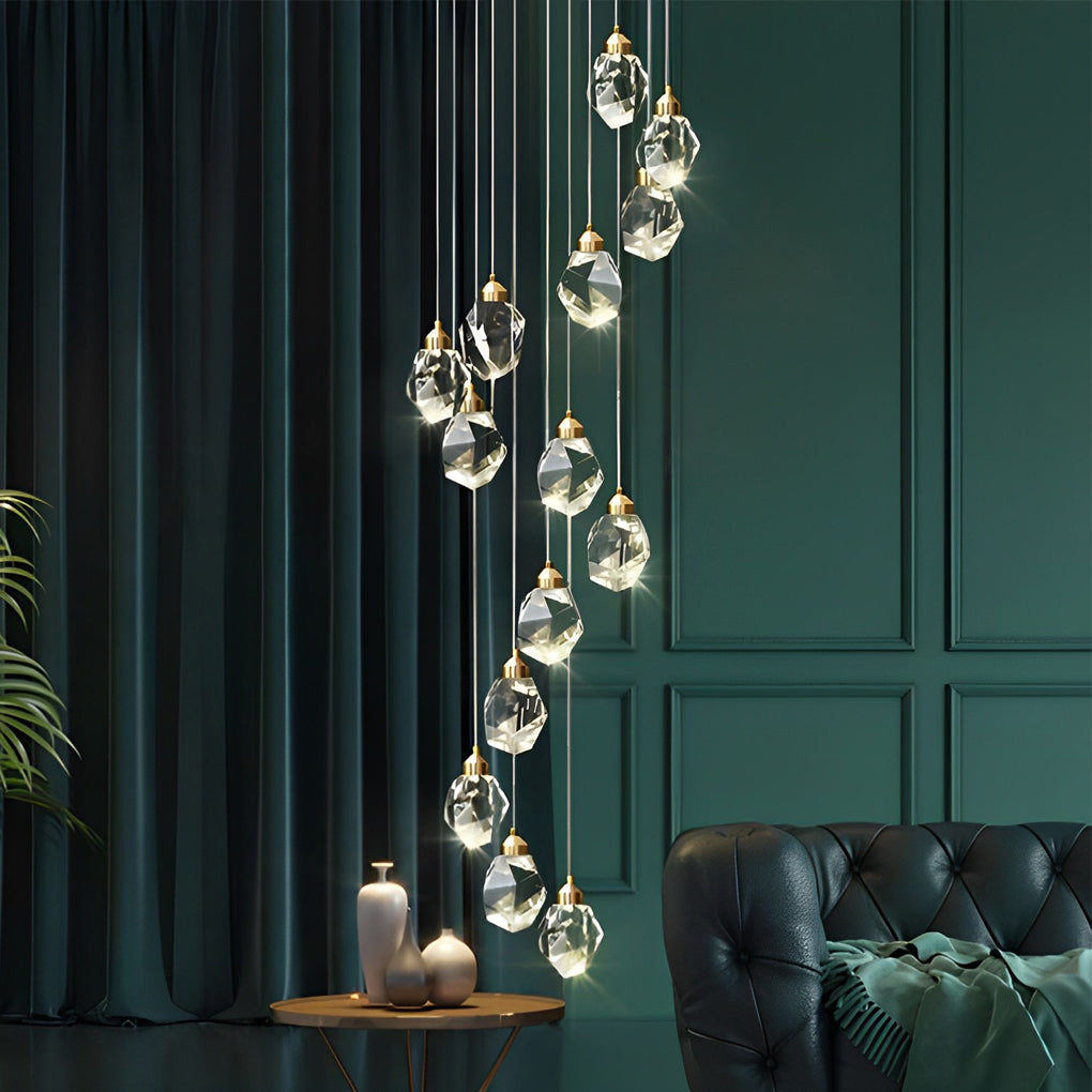 Luxury Modern Spiral Crystal Staircase Chandelier Gold Electroplated Metal Light for High Ceiling Foyer